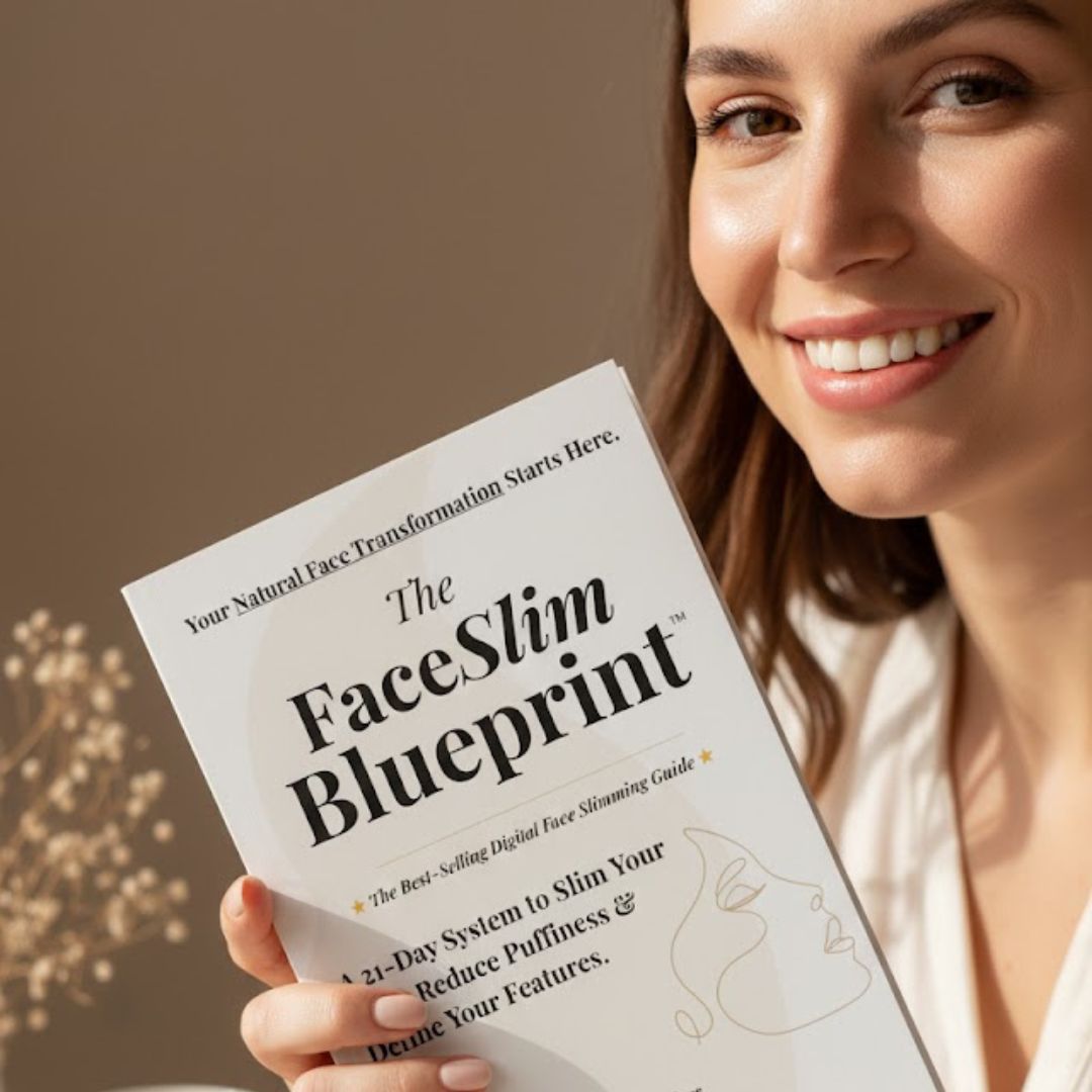 Woman holding a book titled 'The FaceSlim Blueprint' against a neutral background