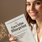 Woman holding a book titled 'The FaceSlim Blueprint' against a neutral background